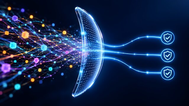 Colorful digital data streams hitting a glowing blue firewall shield and filtering into secure connections