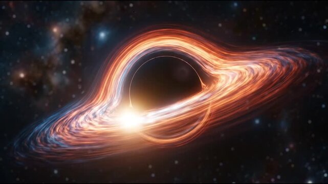 Deep Space Animation of a Glowing Black Hole Event Horizon with a Bright Star Orbiting and Warping Light.