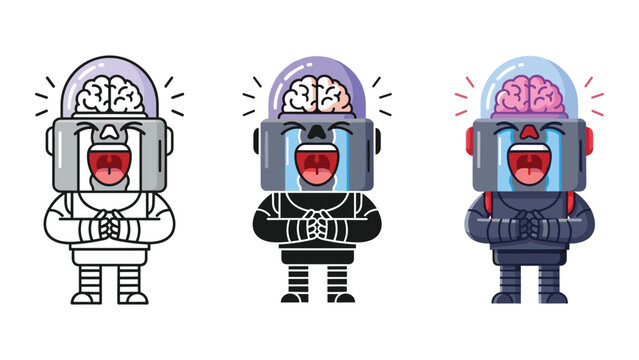Cute crying robot character vector set with exposed brain