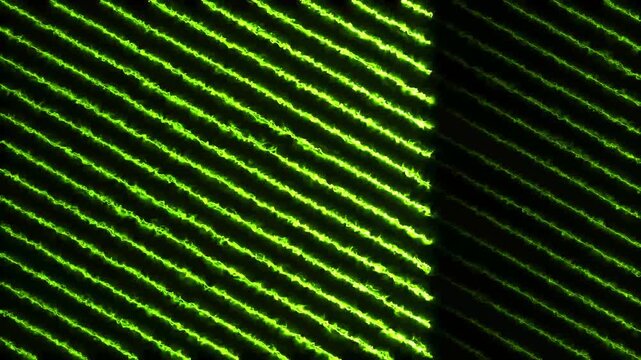 Neon green glowing diagonal lines pattern, Seamless loop animation of glowing neon line on a dark black background