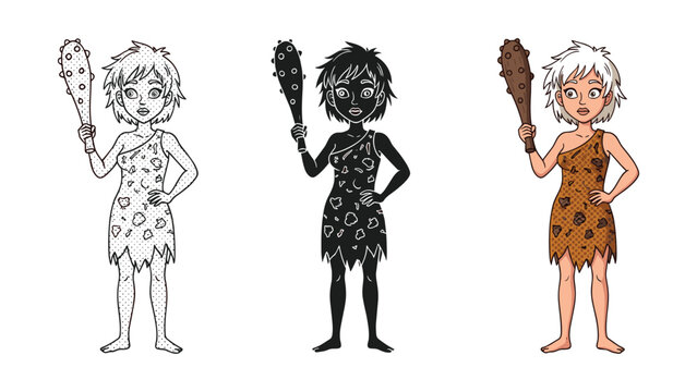 Cavewoman holding stone club in prehistoric outfit vector illustration