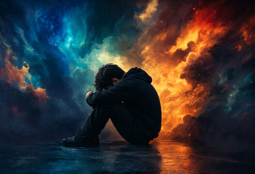 Person Sitting Alone Under Cosmic Nebula Sky Emotions