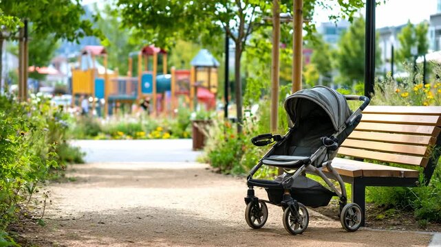 A stroller stands on a path in a green park next to a wooden bench, with a playground in the background. A concept of motherhood, walks with children