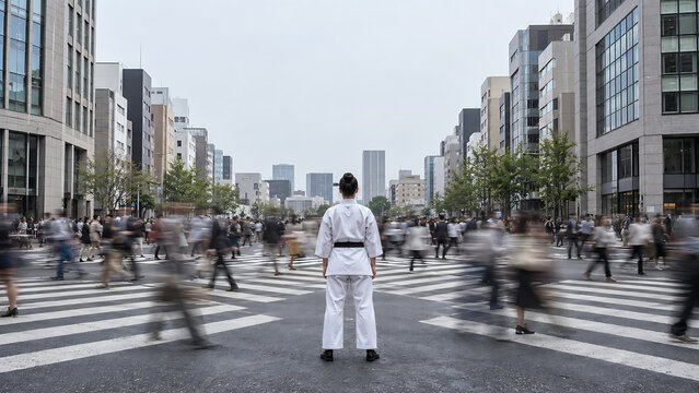 Woman in a karate uniform standing on a crosswalk in a Japanese city