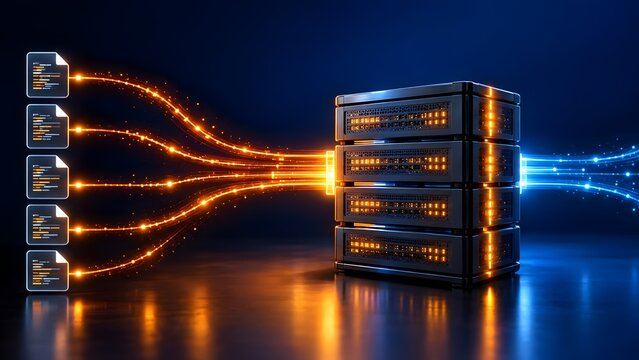 Digital document files uploading orange data streams into a central processing server and outputting blue network connections