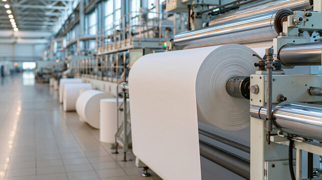 Automated paper manufacturing machine producing large white paper roll inside industrial factory with precise equipment and clean workspace