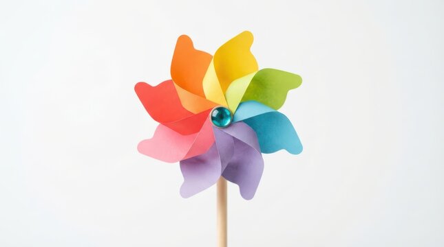 A colorful paper pinwheel toy isolated on white background, representing childhood, play, energy, and renewable power