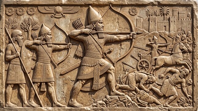 Ancient warriors in bas relief artwork engaging in battle with archers