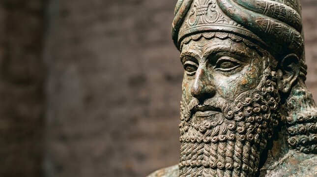 Close up of a bronze statue depicting a historical figure with intricate details