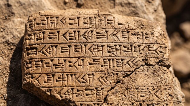 Ancient clay tablet with cuneiform inscriptions displayed on a rough surface