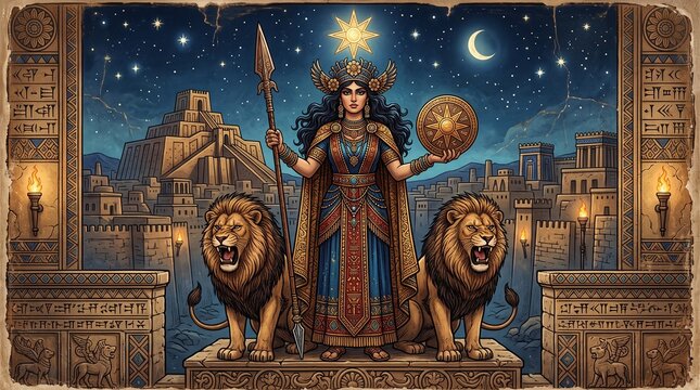 Inanna ishtar stands powerful with lions in a starry ancient city setting