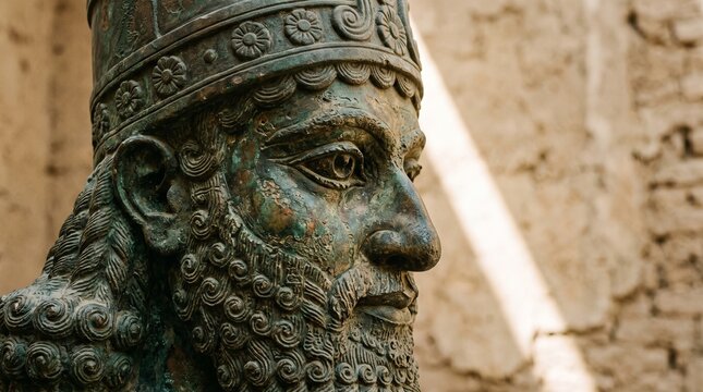 Weathered ancient mesopotamian statue with intricate details with mesopotamia showcases