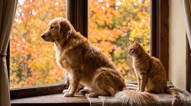 Golden retriever and orange cat sitting by a window with autumn leaves outside