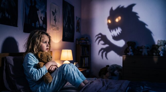 Young girl in pajamas holding a teddy bear frightened by a shadow monster