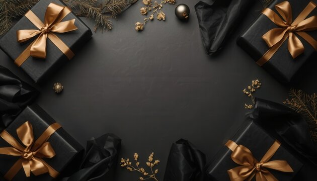 Luxurious Black and Gold Gift Boxes: An elegant arrangement of black gift boxes adorned with golden ribbons and bows, complemented by festive sprigs and satin fabric.