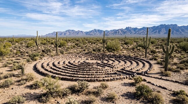 Stone labyrinth surrounded by desert landscape with mountains in the background