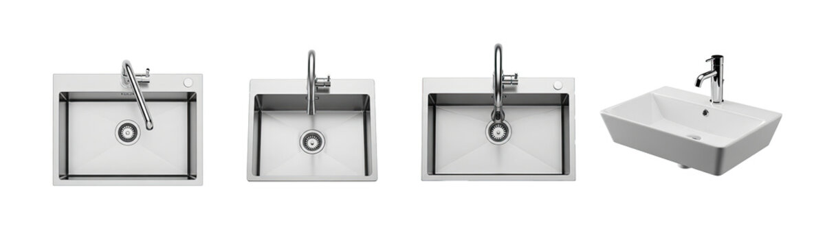 Collection of stainless steel wall-mounted sinks are displayed against a black background. Each sink has a different shape: a rectangular sink, a square sink, a rounded rectangular sink
