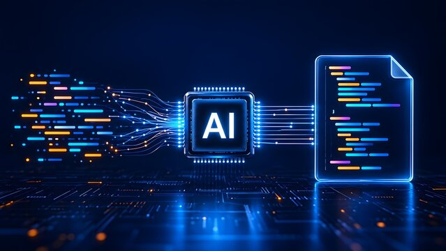 Artificial intelligence microchip processing chaotic digital data streams into a structured glowing document