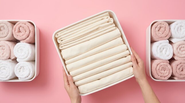 Top view of hands holding a storage bin filled with neatly folded creamcolored bed sheets, flanked by two containers of rolled towels on a pink background
