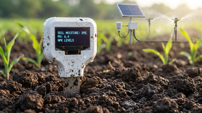 Smart agriculture soil sensor measuring moisture level and pH in farm field