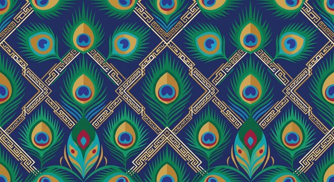 Luxury geometric seamless pattern with stylized peacock feathers and gold lines on dark blue background
Elegant Art Deco repeating background featuring exotic peacock feather motifs for textile design