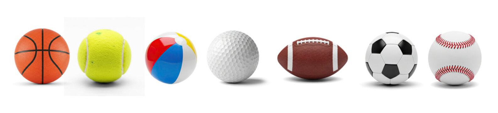 A row of various sports balls is displayed against a black background. The balls include a basketball, tennis ball, soccer ball, golf ball, football, and baseball.