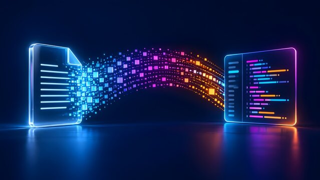 Glowing digital document transferring colorful data blocks into a programming code interface panel