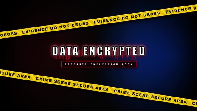 Digital crime investigation motion graphics with encrypted data and police tape