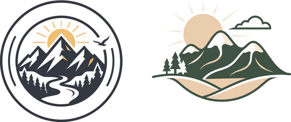 Fototapeta premium Mountain Landscape Logo Collection with Forest, River, Sun and Outdoor Adventure Elements