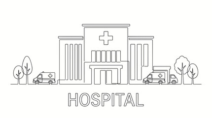 Obraz premium Minimalist line art illustration of a hospital building with ambulances and trees.