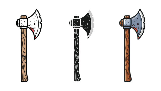 Three medieval battle axes with wooden handles and bloody details vector design