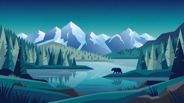 Flat Vector Icy Mountain Landscape with Forest Lake and Bear Silhouette