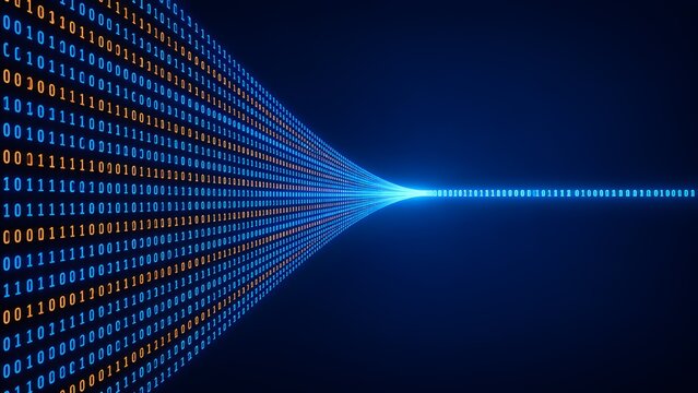 Binary code streams converging into a single bright digital light beam representing data compression and speed