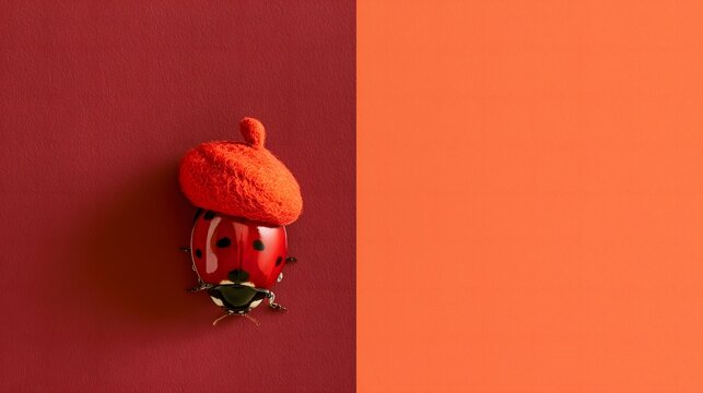Ladybug wearing a red beret on a red and orange split background, unique and stylish