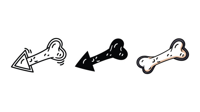 Cute smiling bone pointing arrow vector icon in multiple styles