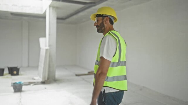 Man engineer in yellow hardhat and reflective vest stands with arms crossed inside an unfinished building, looking toward camera; confidence duty.