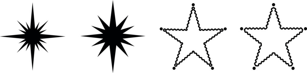 Fototapeta premium Sparkle star icon set vector featuring black starburst flare and wavy outline stars isolated on white background for graphic design