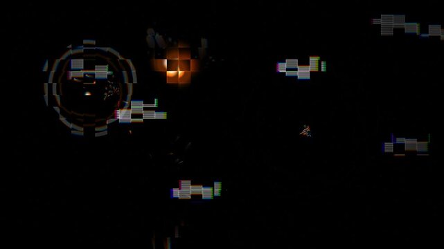 Abstract digital glitch effect with dark background and pixelated elements