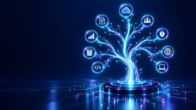 Glowing digital technology tree with fiber optic branches connecting various smart business ecosystem icons