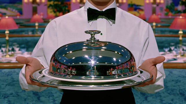 Luxury restaurant service concept showing anonymous waiter presenting covered serving tray with polished metal dome in elegant dining room