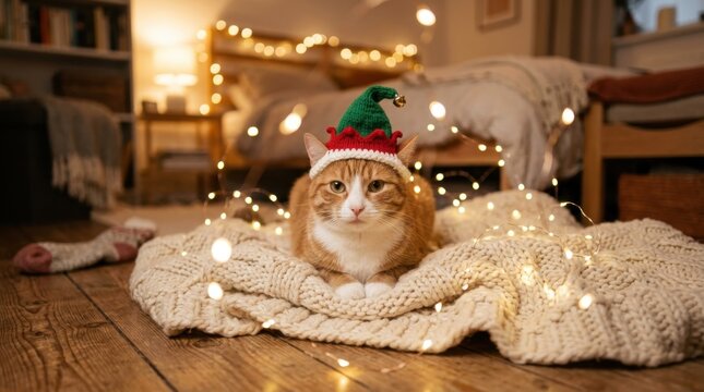 Cute orange cat wearing a festive elf hat with a bell sits on a cozy blanket surrounded by Christmas lights