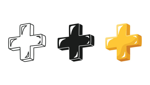 Three dimensional plus sign symbol in outline and color styles
