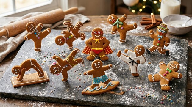 Gingerbread cookies dressed as superheroes and athletes in various poses