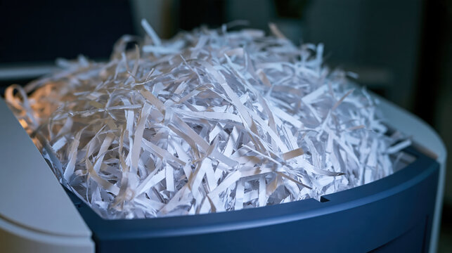 Paper shredder filled with shredded white document strips showing information security concept