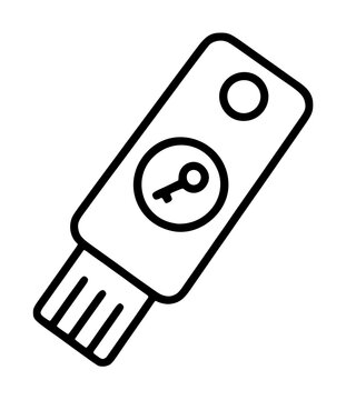 Hardware authentication security key token illustration showing a portable flash drive dongle with an embossed key symbol and lanyard hole, presented in bold black lines on white backdrop