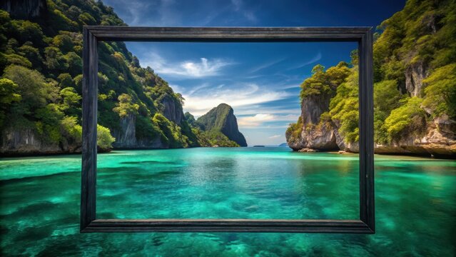 A serene photo frame of phukets turquoise waters floats against a deep mysterious black canvas