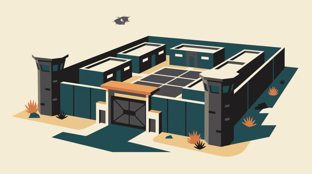 Military detention facility or high security prison isometric vector illustration