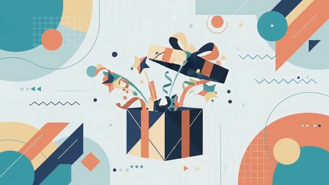 Flat Design Animated Gift Box Opening with Exploding Confetti and Stars on Memphis Style Geometric Background.