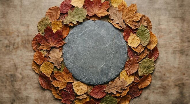 Autumn leaves framing a dark circular stone slate on wooden background