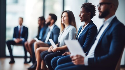 Obraz premium A group of diverse professionals sit attentively in a row, holding documents and awaiting an interview. 